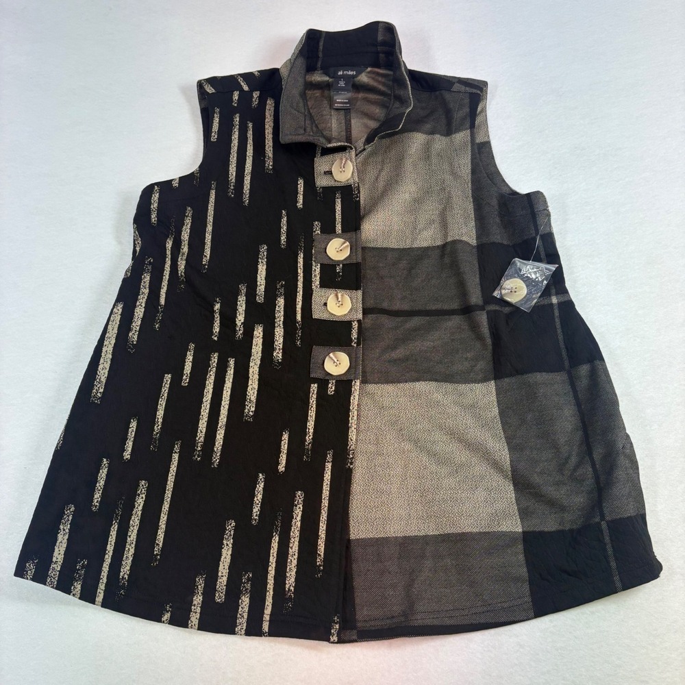 NWT Ali Miles Button Up Vest Womens L Black Tan Print Plaid Art To Wear Lagen